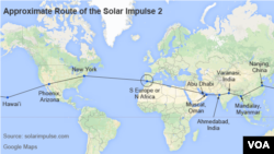 Map showing approximate route of the Solar Impulse 2