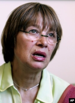 FILE - Human rights activist Natasa Kandic is interviewed by The Associated Press, in Belgrade, June 25, 2005.