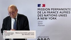 French Foreign Minister Jean-Yves Le Drian speaks during a news conference, on the sidelines of the 76th Session of the U.N. General Assembly, in New York City, September 20, 2021.