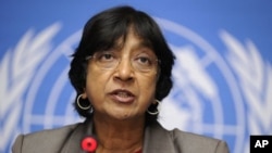 United Nations High Commissioner for Human Rights Navy Pillay attends a press conference on the situation on Tunisia at the UN Offices in Geneva, 19 Jan 2011