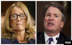 In this combination image of Reuters photos, Christine Blasey Ford, left, and Supreme court nominee Brett Kavanaugh testify separately before the Senate Judiciary Committee on Capitol Hill in Washington, Sept. 27, 2018.