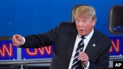 Republican presidential candidate Donald Trump speaks during the Republican presidential debate in Simi Valley, Calif., Sept. 16, 2015.