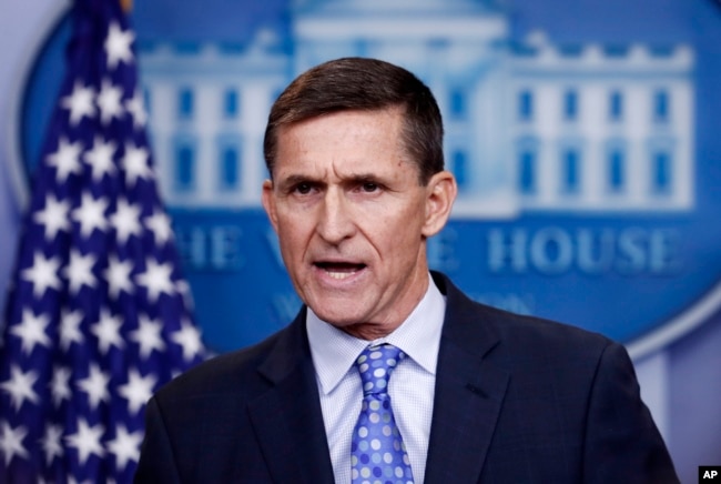 ທ່ານ Michael Flynn ທີ່ປຶກສາຄວາມປອດໄພແຫ່ງຊາດ ກ່າວໃນກອງປະຊຸມຖະແຫຼງຂ່າວທີ່ທຳນຽບຂາວ, ວໍຊີງຕັນ, 1 ກຸມພາ, 2017.