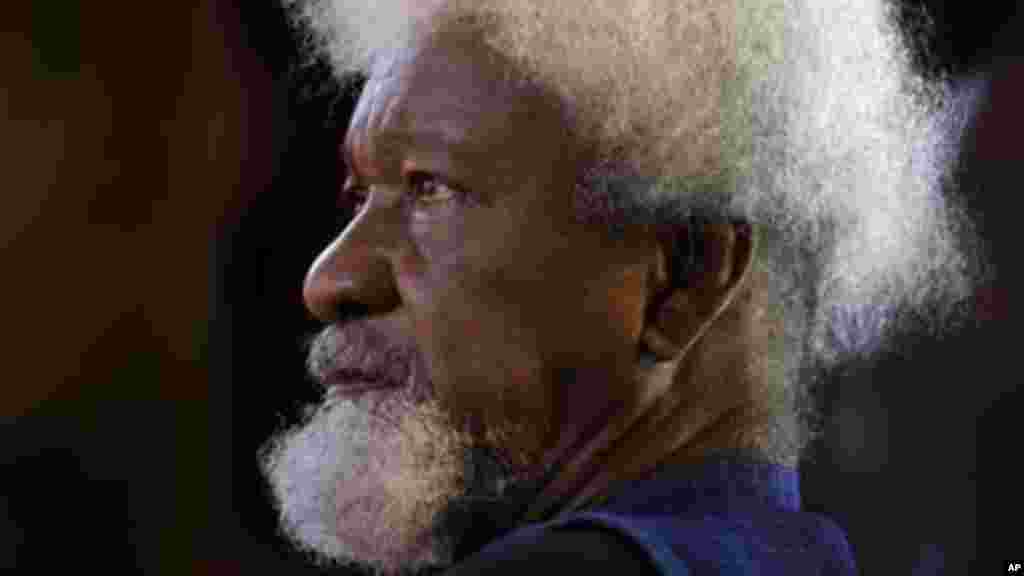 Playwright and poet Wole Soyinka, recipient of the 1986 Nobel Prize in Literature, listens during award ceremonies for the W.E.B. Du Bois Medal at Harvard University, Wednesday, Oct. 2, 2013.