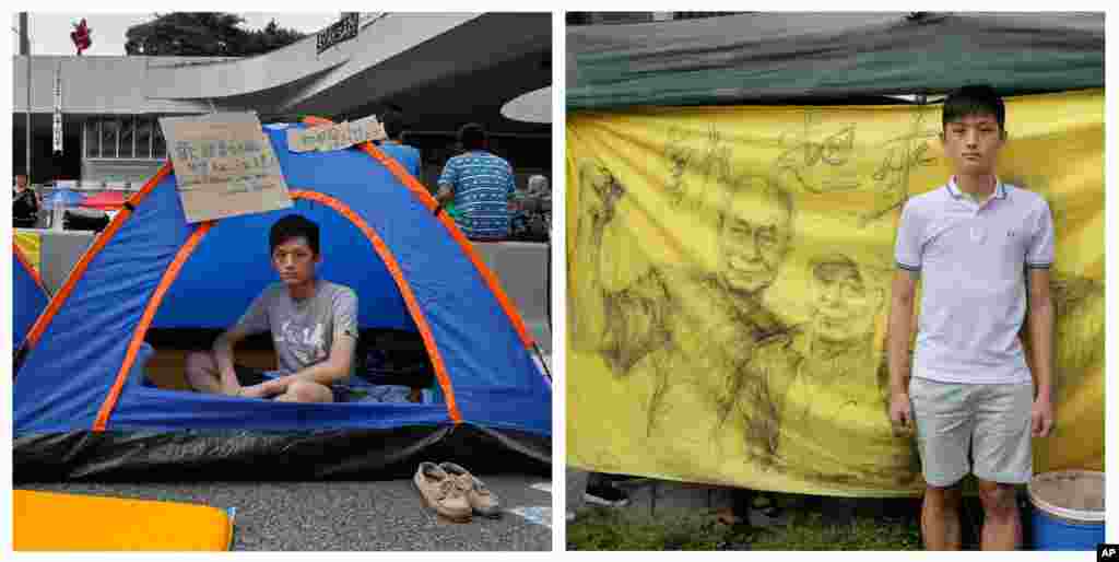 Jay Koon, 19, mahasiswa hukum, di dalam tenda di jalanan utama tempat demonstrasi dekat kantor pusat pemerintahan di Hong Kong tanggal 11 Oktober 2014 (kiri), dan ia sekarang hampir setahun kemudian, 28 September 2015 (kanan). (AP/Vincent Yu)