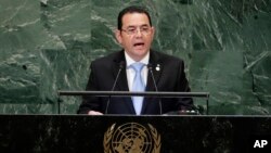 Guatemala's President Jimmy Morales addresses the 73rd session of the United Nations General Assembly, Sept. 25, 2018, at the United Nations headquarters.