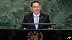 FILE - Guatemala's President Jimmy Morales addresses the 73rd session of the United Nations General Assembly, Sept. 25, 2018, at the United Nations headquarters.