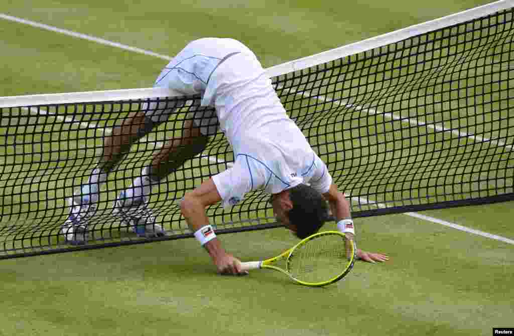 Britain&#39;s James Ward collides into the net during his tennis match against Croatia&#39;s Ivan Dodig at the Queen&#39;s Club Championships in west London.