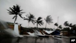 Street shops are seen collapsed because of gusty winds preceding the landfall of Cyclone Fani on the outskirts of Puri, in the Indian state of Odisha, May 3, 2019.