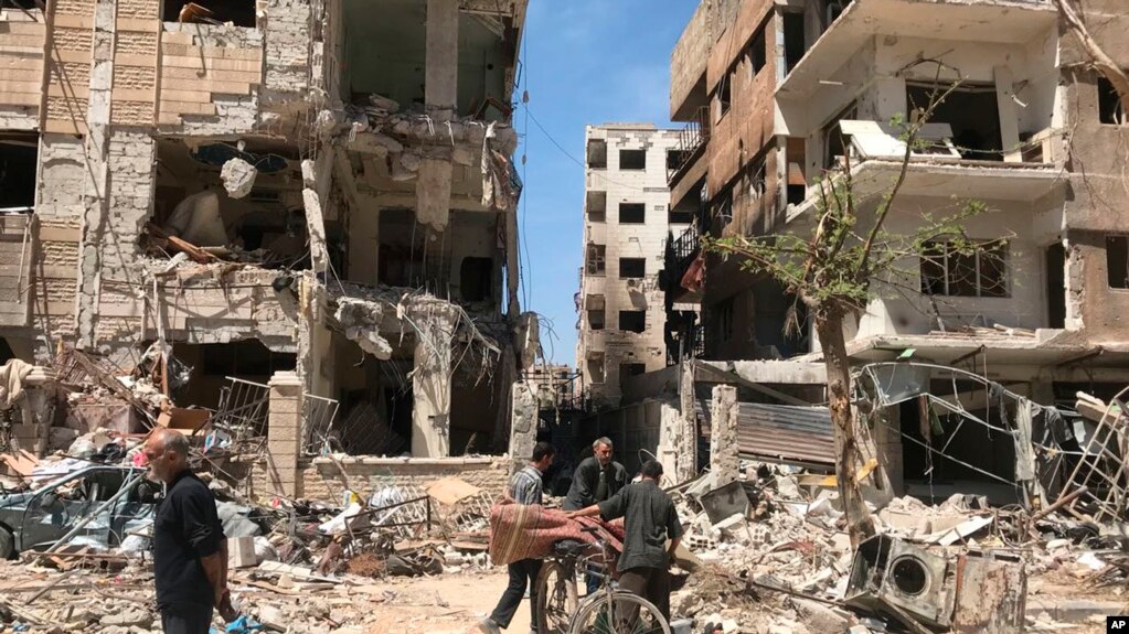 Nơi bị nghị là hiện trường bị tấn công bằng vũ khí hóa học ở Damascus, Syria, ngày 16/4/2018. 