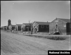 Housing and administration buildings were mainly crude, tar-papered barracks at the Minidoka Relocation Center near Twin Falls, Idaho. (Courtesy of U.S. National Archives)