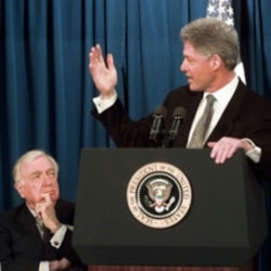 President Clinton speaks during an address before the Conference on Free Television and Political Reform in Washington. Walter Cronkite served as chairman for the Free TV for Straight Talk Coalition