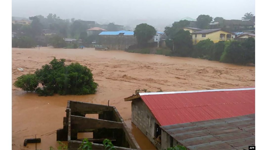 This picture shows flooded streets in Regent near Freetown, Aug. 14, 2017.