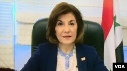 Bouthaina Shaaban, a key adviser to Syrian President Bashar al-Assad, is shown in her recorded video, which aired Thursday at an event at the National Press Club in Washington. (J. Seldin/VOA)