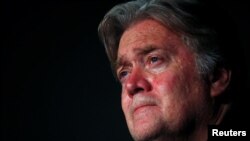 FILE - Former White House Chief Strategist Steve Bannon holds a news conference in Rome, Italy, Sept. 22, 2018. 