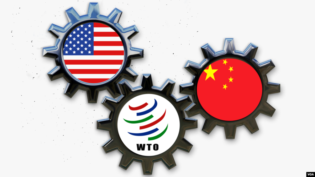美国、中国和世界贸易组织的标识。(photo:VOA)