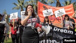 Melody K., 23, a DACA recipient who was brought to the U.S. when she was 8, speaks during rally in support of a permanent legislative solution for immigrants in Los Angeles, Feb. 3, 2018. 