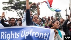 FILE - Hundreds of Eritrean exiles demonstrate in front of African Union headquarters in support of a U.N. Inquiry report and calling for measures to be taken against Eritrean authorities, in Addis Ababa, Ethiopia, June 26, 2015.