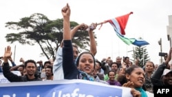 FILE - Hundreds of Eritrean exiles demonstrate in front of African Union headquarters in support of a U.N. Inquiry report and asking for measures to be taken against Eritrean authorities, in Addis Ababa, Ethiopia, June 26, 2015.