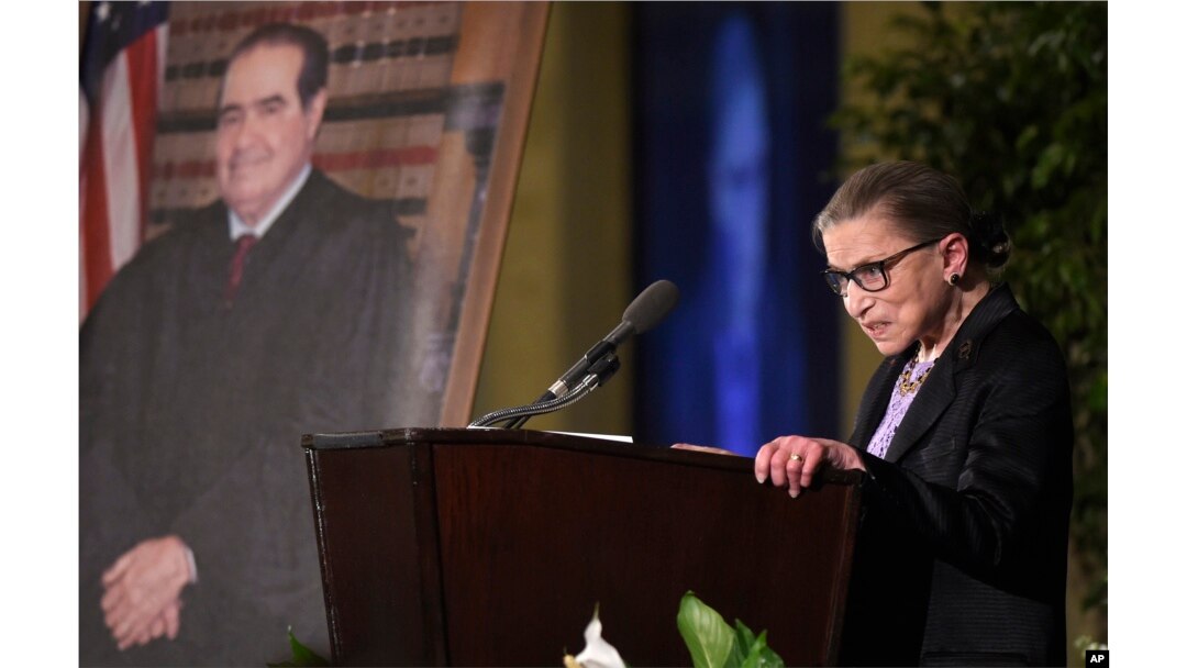 FILE - Supreme Court Justice Ruth Bader Ginsburg speaks at the memorial service for Supreme Court Justice Antonin Scalia, March 1, 2016, at the Mayflower Hotel in Washington.