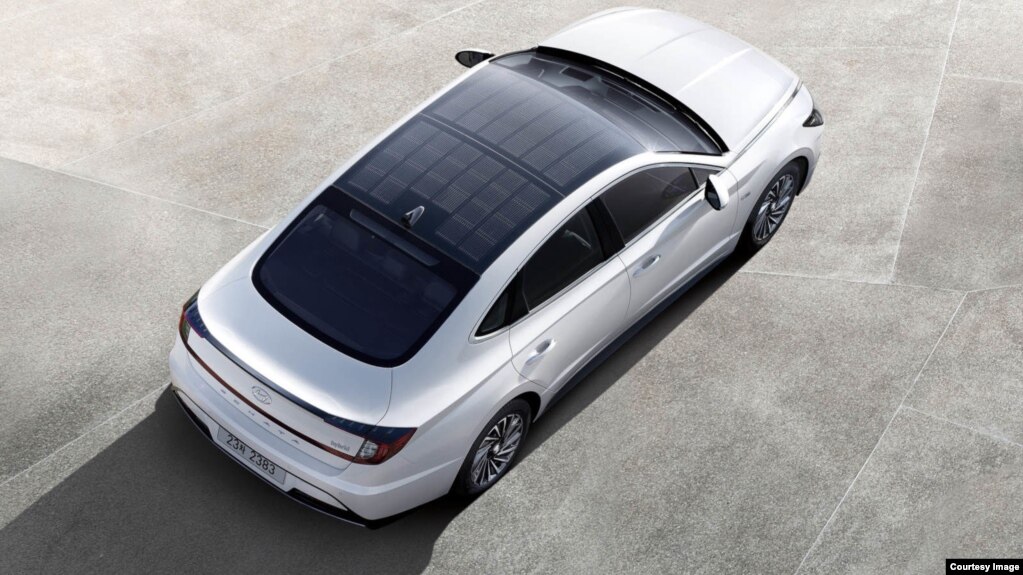 Hyundai's solar roof system includes a structure of silicon solar panels mounted on the carâ€™s roof. The company says the system can charge the vehicle's electrical system while parked or driving. (Hyundai Motor)