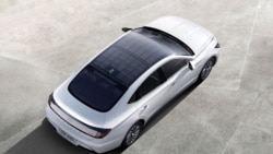 Hyundai's solar roof system includes a structure of silicon solar panels mounted on the car’s roof. The company says the system can charge the vehicle's electrical system while parked or driving. (Hyundai Motor)