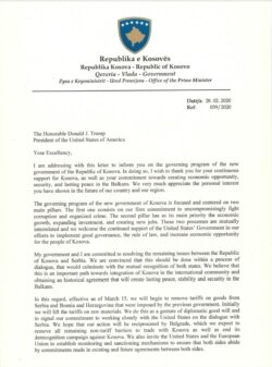 Pismo premijera Kosova Aljbina Kurtija američkom predsedniku Trampu