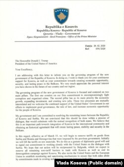 Pismo premijera Kosova Aljbina Kurtija američkom predsedniku Trampu