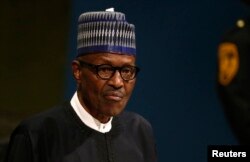 FILE - Nigerian President Muhammadu Buhari addresses the 72nd United Nations General Assembly at U.N. headquarters in New York, Sept. 19, 2017.