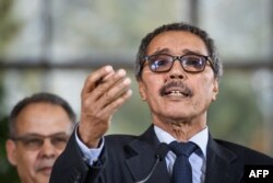 Khatri Addouh, leader of the Sahrawi delegation and the Polisario Front, gestures as he talks to reporters after a two-day round of talks on ending the Western Sahara conflict, at U.N. offices in Geneva, March 22, 2019.