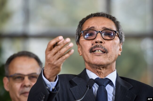 Khatri Addouh, leader of the Sahrawi delegation and the Polisario Front, gestures as he talks to reporters after a two-day round of talks on ending the Western Sahara conflict, at U.N. offices in Geneva, March 22, 2019.