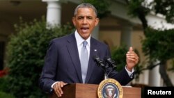 Presiden AS Barack Obama memberikan keterangan kepada media mengenai Ukraina, termasuk insiden pesawat MH17, di Gedung Putih Senin (21/7). 