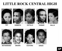 Pictured left to right are: Gloria Ray, Terrance Roberts, Melba Pattillo, Jefferson Thomas, Carlotta Walls, Thelma Mothershed, Minnijean Brown, Elizabeth Eckford, and Ernest Green. These are undated photos of the nine students who were barred from attending Little Rock high school.