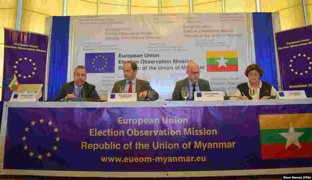 From left, European Union Election Observation Mission members press officer Eberhard Laue, Myanmar chief Alexander Graf Lambsdorff, deputy chief observer Mark Stevens, and head of delegation Ana Gomes speak to reporters in Yangon, Myanmar, Nov. 10, 2015.
