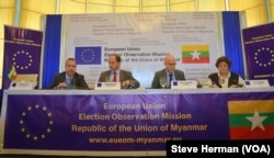 From left, European Union Election Observation Mission members press officer Eberhard Laue, Myanmar chief Alexander Graf Lambsdorff, deputy chief observer Mark Stevens, and head of delegation Ana Gomes speak to reporters in Yangon, Myanmar, Nov. 10, 2015.