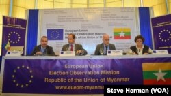 From left, European Union Election Observation Mission members press officer Eberhard Laue, Myanmar chief Alexander Graf Lambsdorff, deputy chief observer Mark Stevens, and head of delegation Ana Gomes speak to reporters in Yangon, Myanmar, Nov. 10, 2015.