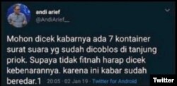 Wasekjen Partai Demokrat Andi Arief mencuitkan kabar soal adanya tujuh kontainer berisi surat suara sudah tercoblos pada Rabu, 2 Januari 2019. (Foto: Courtesy)