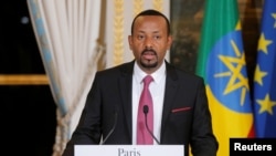 FILE - Ethiopian Prime Minister Abiy Ahmed speaks during a media conference at the Elysee Palace in Paris, France, Oct. 29, 2018.