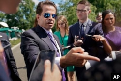 FILE - Then-White House communications director Anthony Scaramucci speaks to members of the media at the White House in Washington, July 25, 2017.