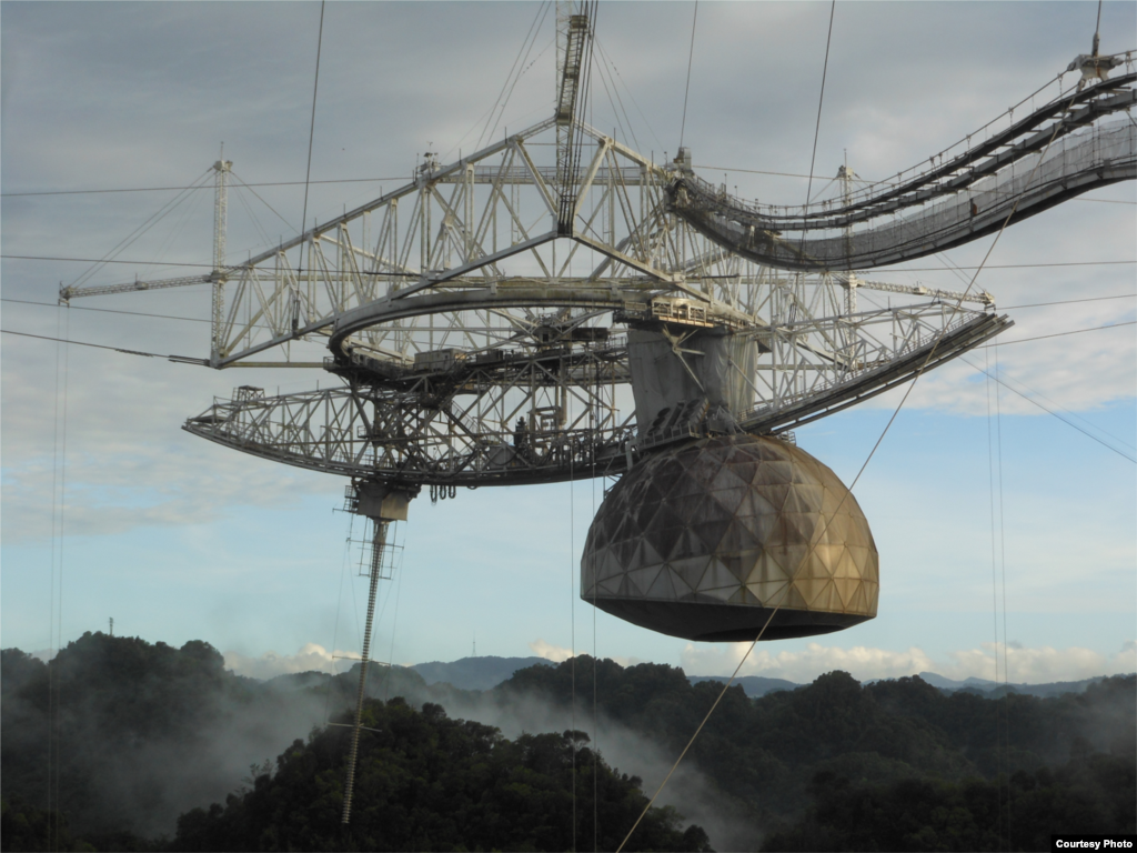 Equipment used to communicate with ISEE-3 is mounted on the world’s largest radio telescope located at the Arecibo Observatory in Puerto Rico. (ISEE-3 Reboot Project)