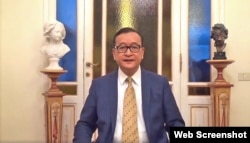 FILE: Sam Rainsy, former president of Cambodia National Rescue Party, talked to party supporters via online video from Italy, on October 30, 2017. (Web Screenshot)