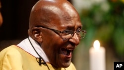 Anglican Archbishop Emeritus Desmond Tutu reacts during a church service at the St. George's Cathedral as he celebrates his 85th birthday in Cape Town, South Africa, Oct. 7, 2016.