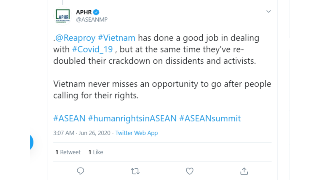 APHR viết trên Twitter hôm 26-06-2020 về nhân quyền Việt Nam. Photo APHR via Twitter.