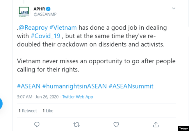 APHR viết trên Twitter hôm 26-06-2020 về nhân quyền Việt Nam. Photo APHR via Twitter.