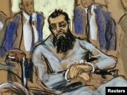 FILE - Sayfullo Saipov, the suspect in the New York truck attack, is depicted in this sketch appearing in a Manhattan federal courtroom in a wheelchair, Nov. 1, 2017.