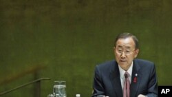 United Nations Secretary General Ban Ki-moon addresses diplomats in the United Nations General Assembly for the 2011 high-level UN conference on the global AIDS response, at UN Headquarters in New York, June 8, 2011