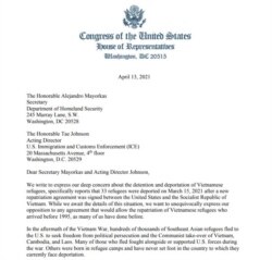 Bức thư ngày 13/4/2021 của 31 nghị sĩ liên bang Hoa Kỳ gửi đến Bộ trưởng DHS Alejandro Mayorkas. Photo Nguoi Viet