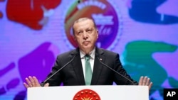 លោក​ប្រធានាធិបតី Recep Tayyip Erdogan ថ្លែង​ទៅ​កាន់​អ្នក​គាំទ្រ​របស់​លោក​នៅ​ក្នុង​ក្រុង Istanbul កាលពី​ថ្ងៃទី៥ ខែសីហា ឆ្នាំ២០១៧។