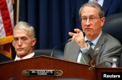 House Judiciary Committee Chairman Bob Goodlatte (R-VA) questions FBI Deputy Assistant Director Peter Strzok as Rep. Trey Gowdy (R-SC) looks on during Strzok's testimony in the Rayburn House Office Building in Washington, July 12, 2018.