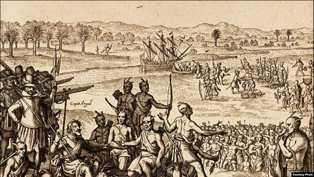 Engraving shows Chickahominies swearing an oath to Captain Samuel Argall and to the English Crown, by Johann Theodore de Bry after Georg Keller, 1619. Courtesy: John Carter Brown Library, Brown University.